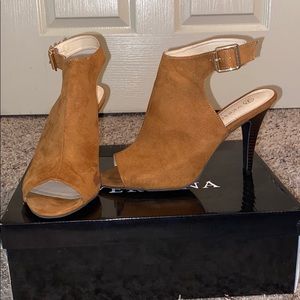 Brown, open heel & toe heels